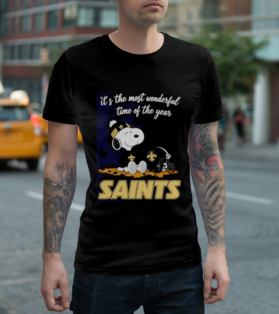 New Orleans Saints Snoopy Beanie Helmet Autumn Leaves Most Wonderful Time Of Year T-Shirt