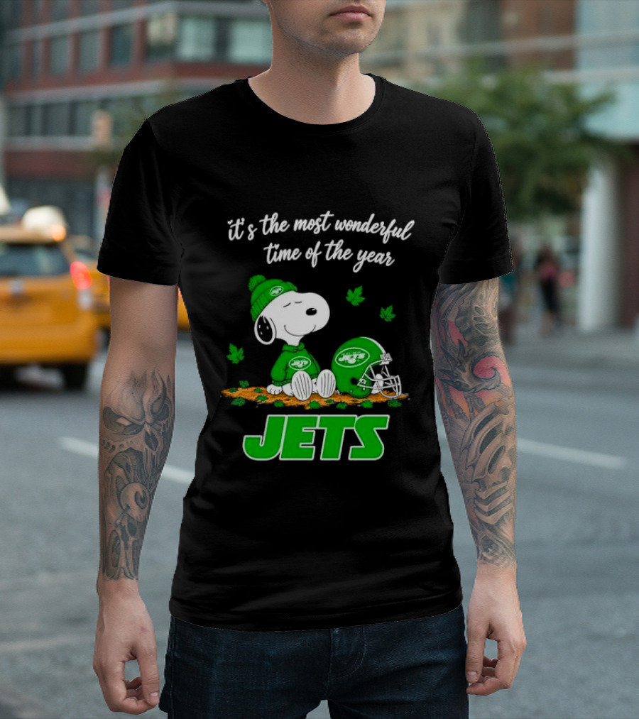 New York Jets It's The Most Wonderful Time Of Year Cartoon Dog Beanie Helmet Autumn Leaves T-Shirt
