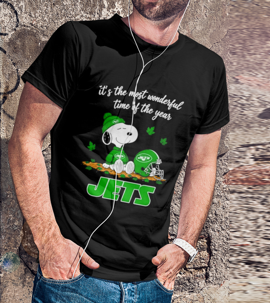 New York Jets It's The Most Wonderful Time Of Year Cartoon Dog Beanie Helmet Autumn Leaves T-Shirt