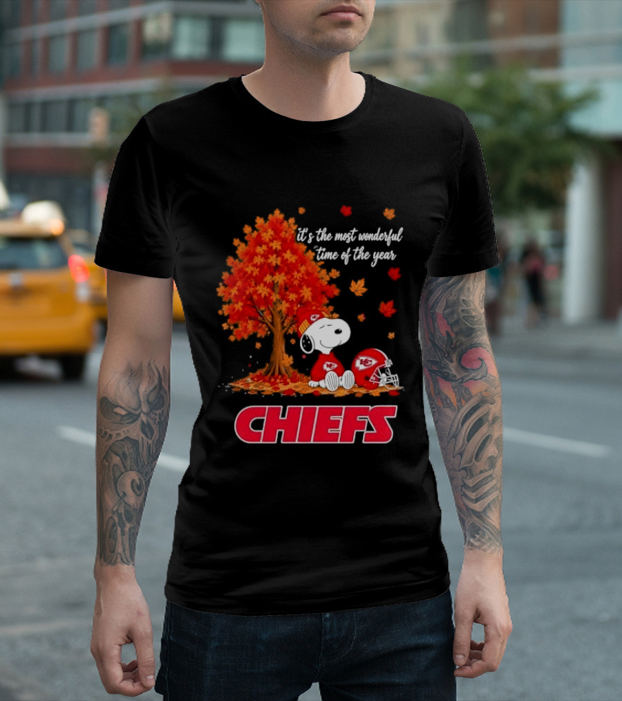 Kansas City Chiefs Snoopy Autumn Tree Football Helmet Most Wonderful Time Of The Year T-Shirt