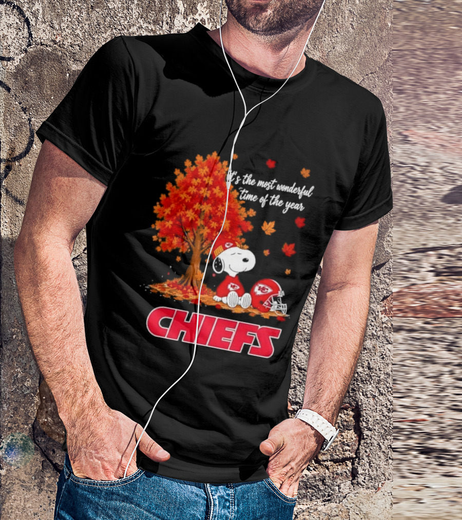 Kansas City Chiefs Snoopy Autumn Tree Football Helmet Most Wonderful Time Of The Year T-Shirt