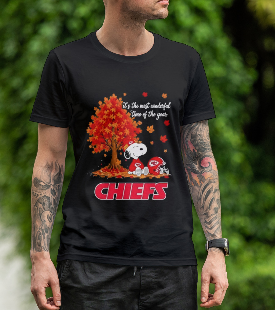 Kansas City Chiefs Snoopy Autumn Tree Football Helmet Most Wonderful Time Of The Year T-Shirt