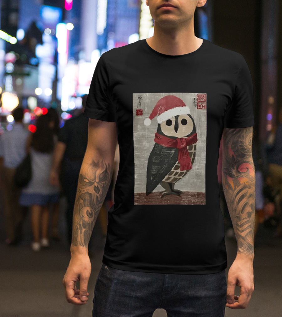 Owl With Red Santa Hat And Scarf Japanese Calligraphy T-Shirt