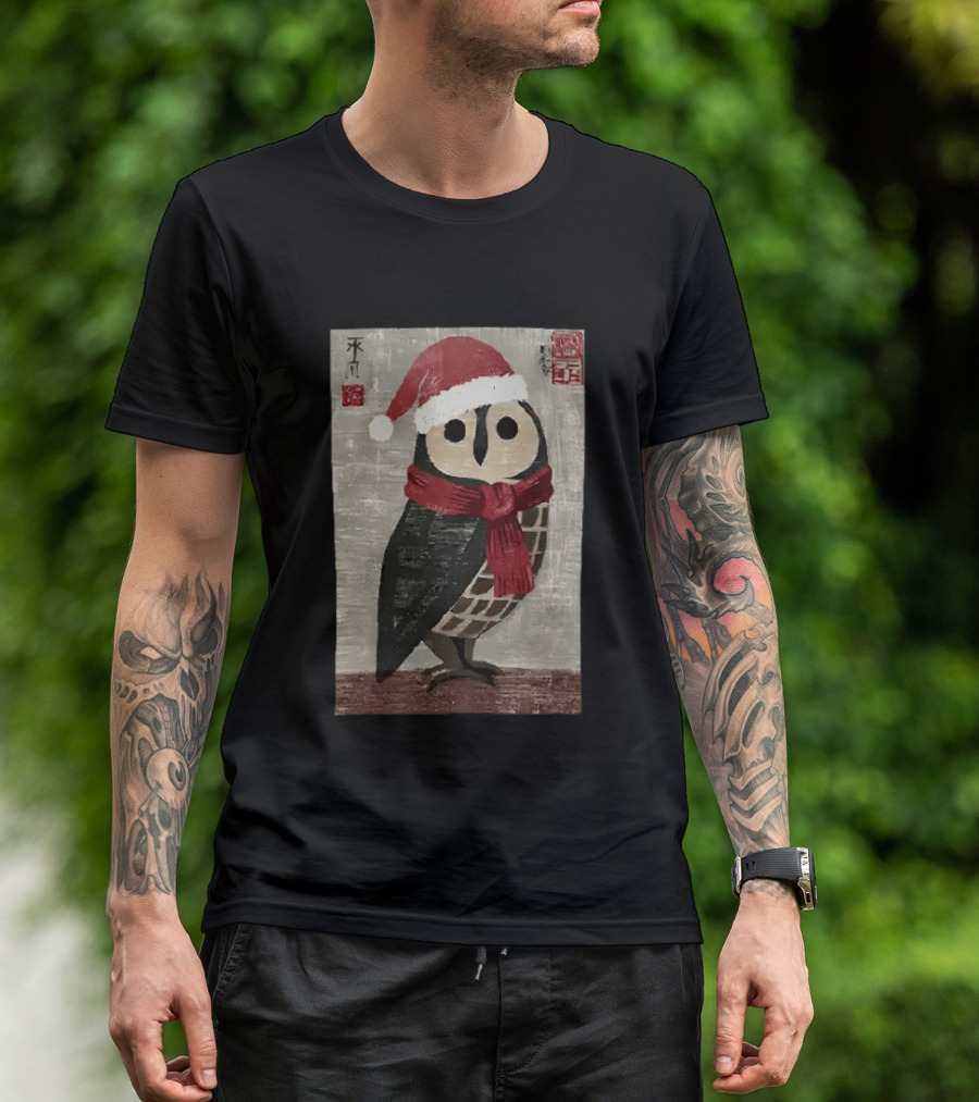 Owl With Red Santa Hat And Scarf Japanese Calligraphy T-Shirt