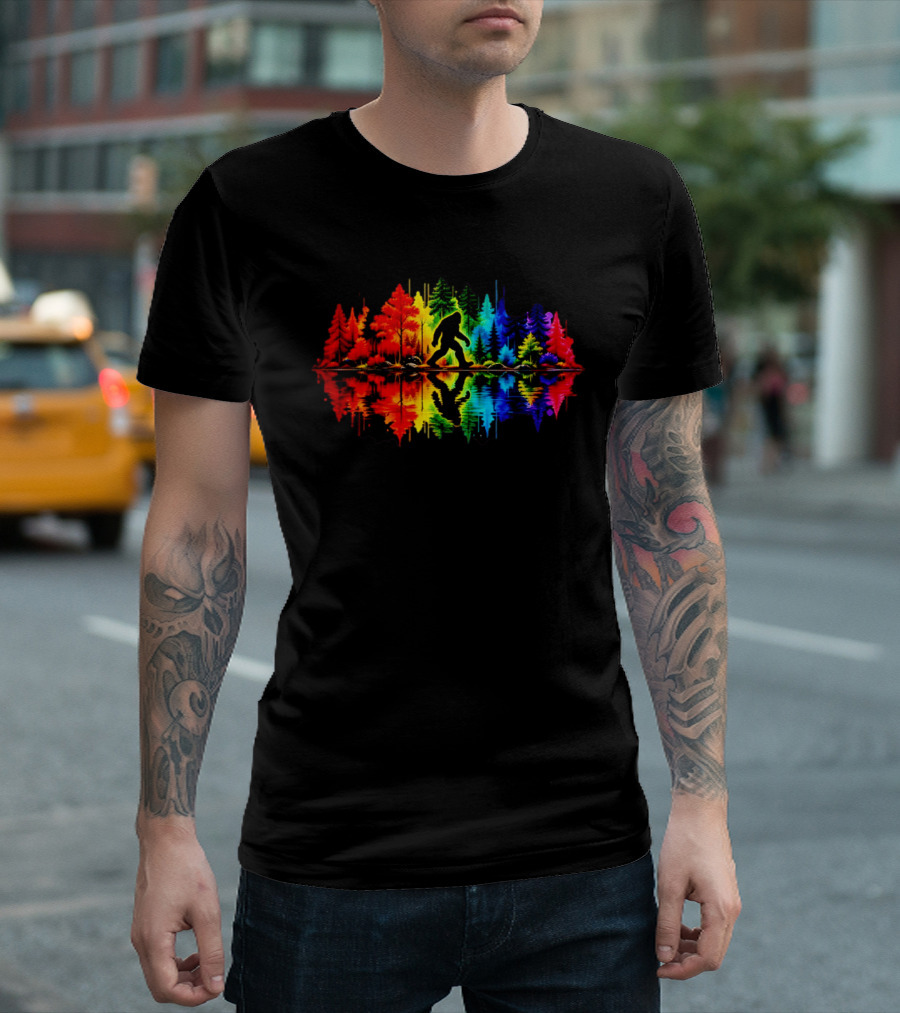 Rainbow Bigfoot Forest Reflection T-Shirt