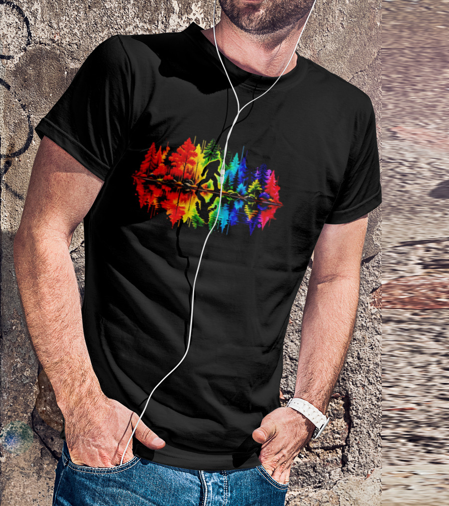 Rainbow Bigfoot Forest Reflection T-Shirt