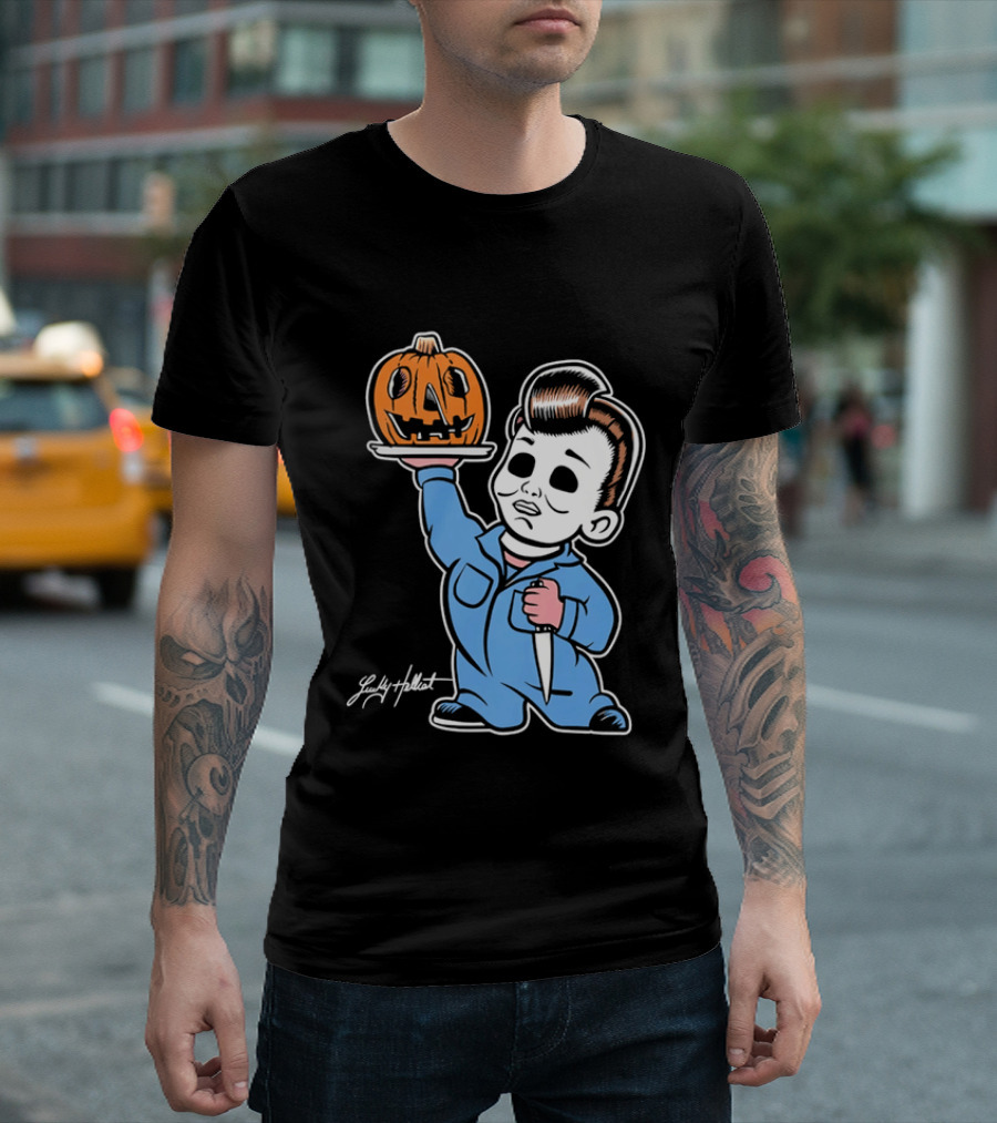 Lucky Hellcat Michael Myers Cartoon Pumpkin Knife Caricature T-Shirt