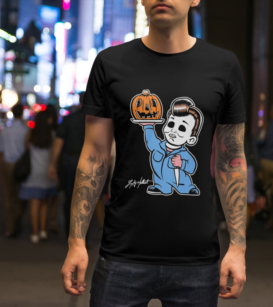 Lucky Hellcat Michael Myers Cartoon Pumpkin Knife Caricature T-Shirt