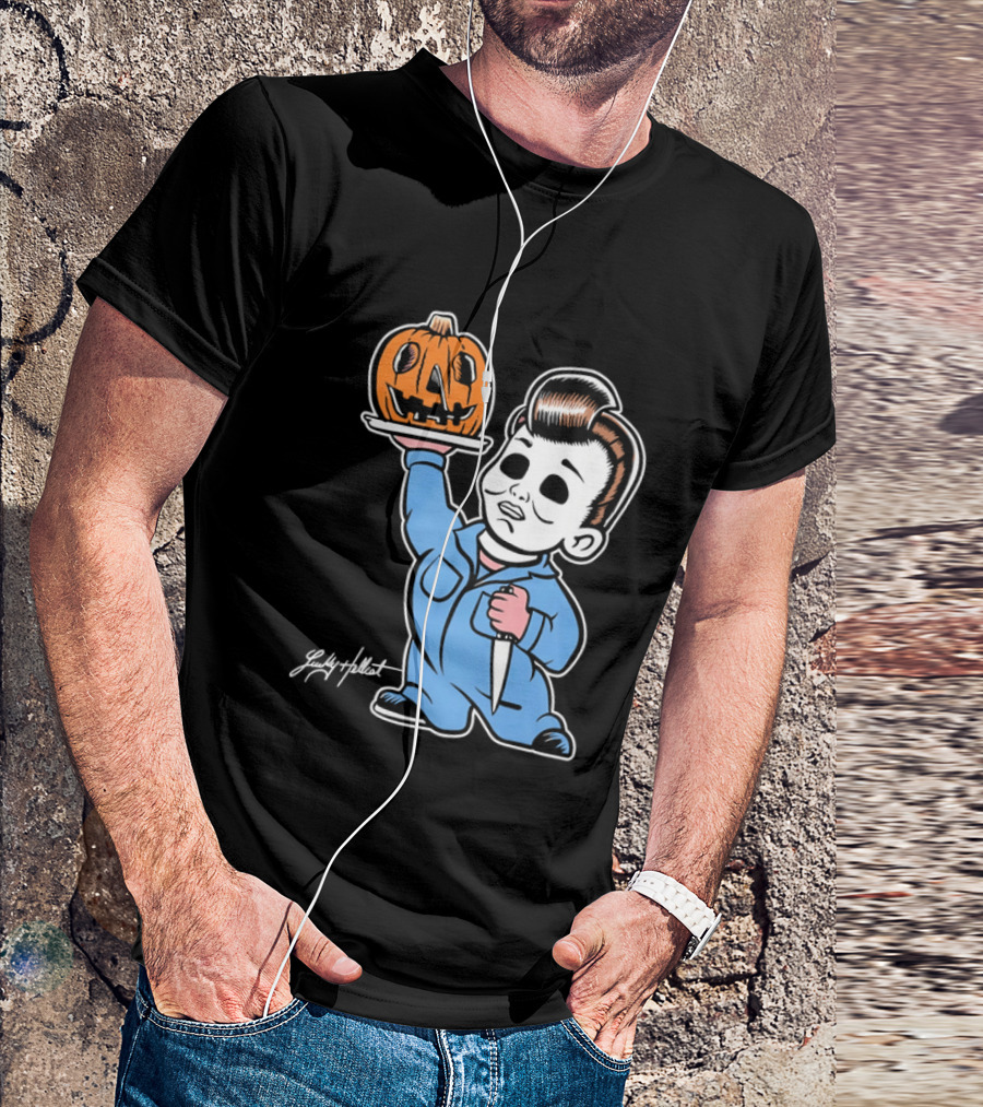Lucky Hellcat Michael Myers Cartoon Pumpkin Knife Caricature T-Shirt