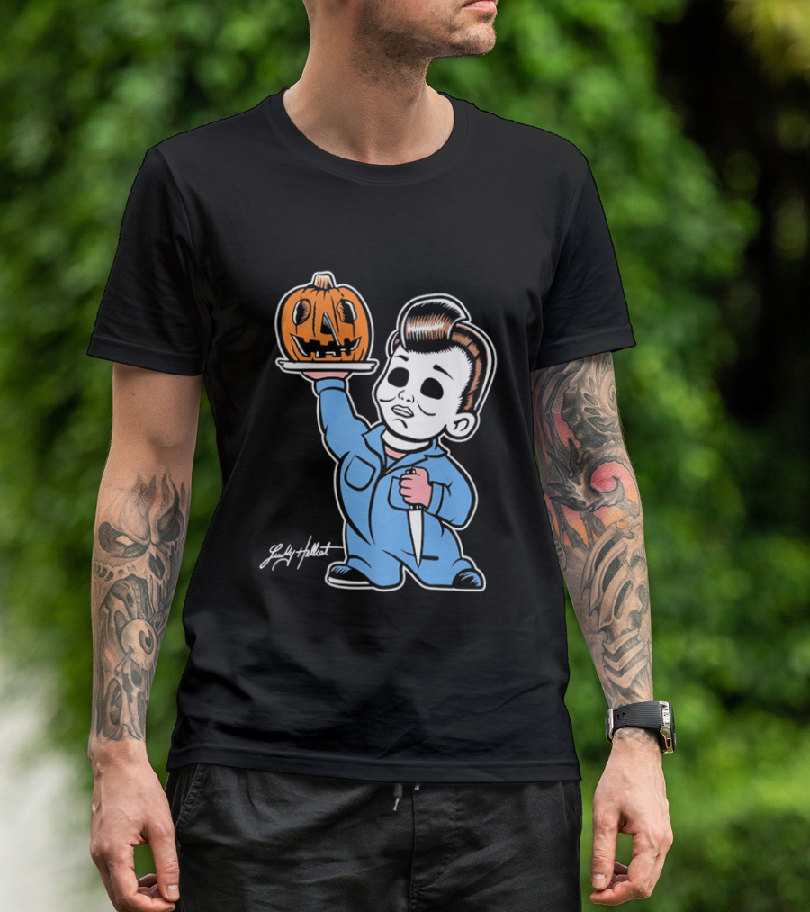 Lucky Hellcat Michael Myers Cartoon Pumpkin Knife Caricature T-Shirt