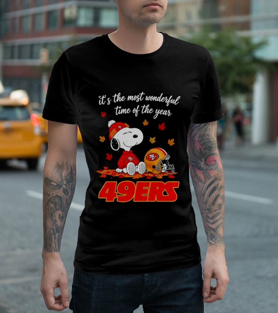 San Francisco 49ers Snoopy Beanie Autumn Leaves Most Wonderful Time T-Shirt