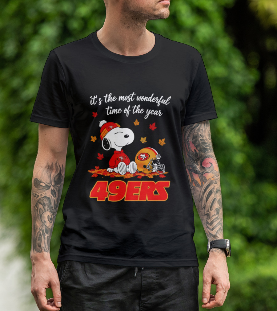 San Francisco 49ers Snoopy Beanie Autumn Leaves Most Wonderful Time T-Shirt