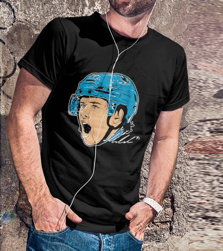 San Jose Sharks NHL 71 Yelling Hockey Player Helmet Caricature T-Shirt