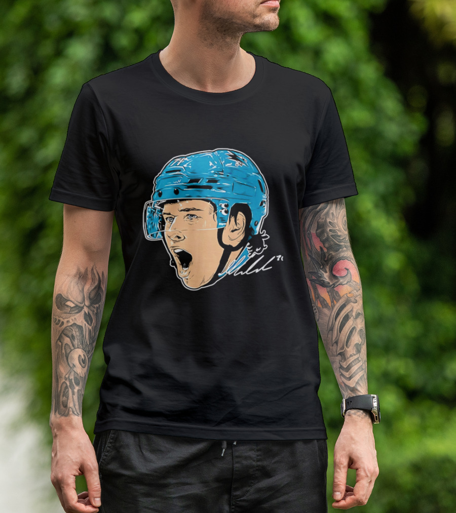 San Jose Sharks NHL 71 Yelling Hockey Player Helmet Caricature T-Shirt