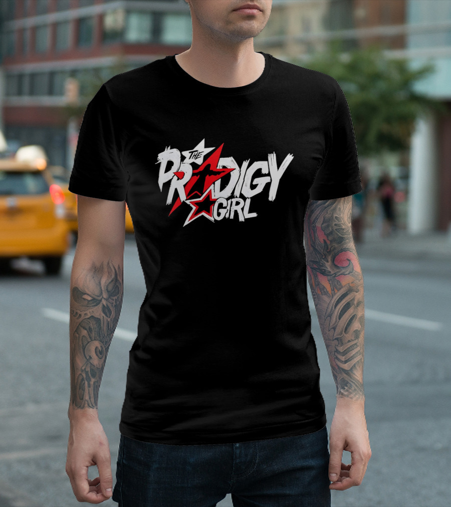 The Prodigy Girl Red White Stars Distressed Brush Lettering T-Shirt