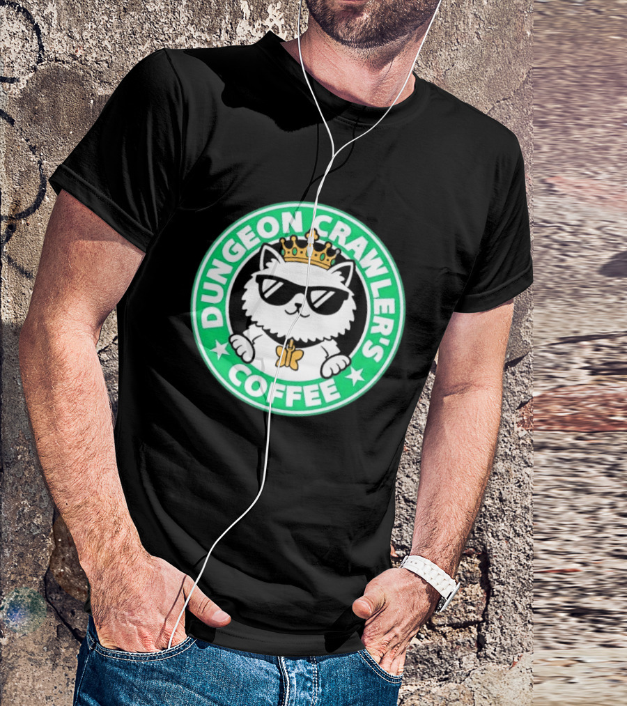 Dungeon Crawlers Coffee White Cat Crown Sunglasses T-Shirt