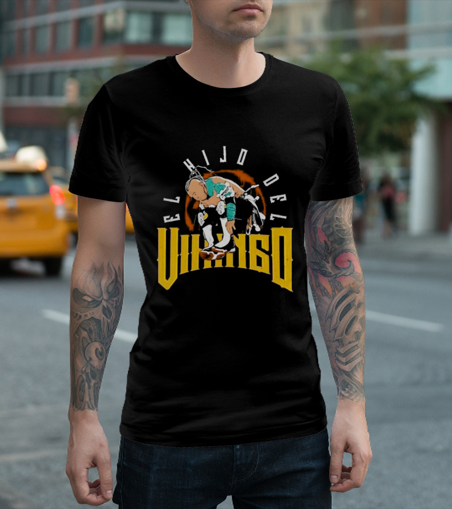 El Hijo Del Vikingo Crouching Wrestler Brown Yellow Text And Image T-Shirt