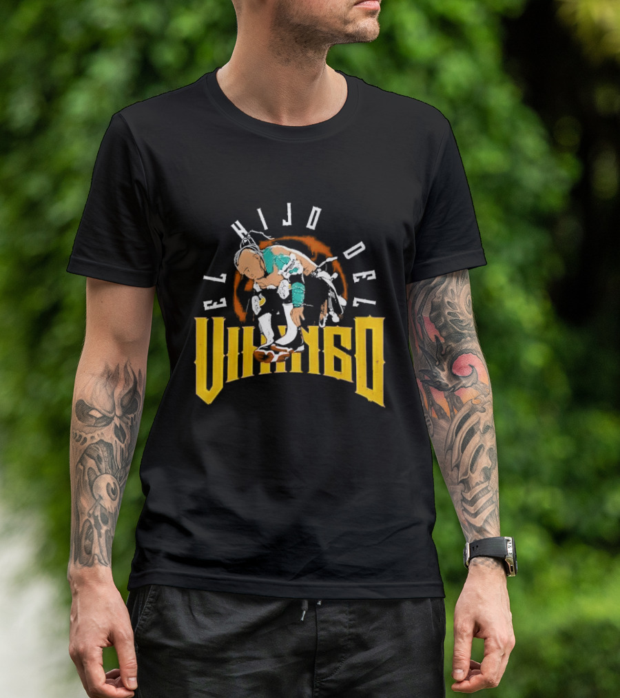 El Hijo Del Vikingo Crouching Wrestler Brown Yellow Text And Image T-Shirt