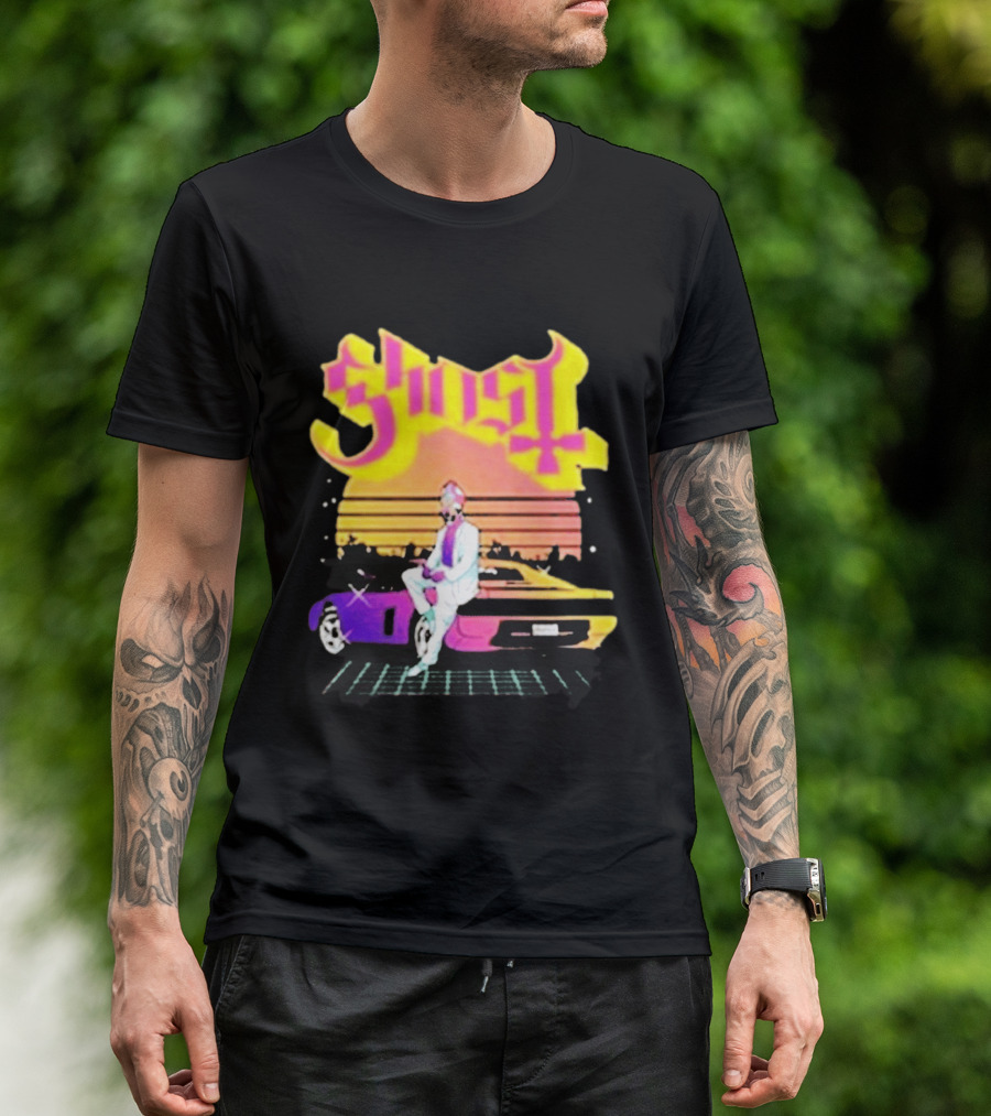 Ghost Miami Vice Retro Sunset Car Scene T-Shirt