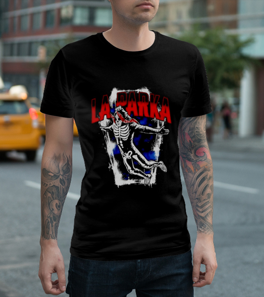 LA Parka Masked Skeleton Wrestler Jumping Distressed Frame T-Shirt