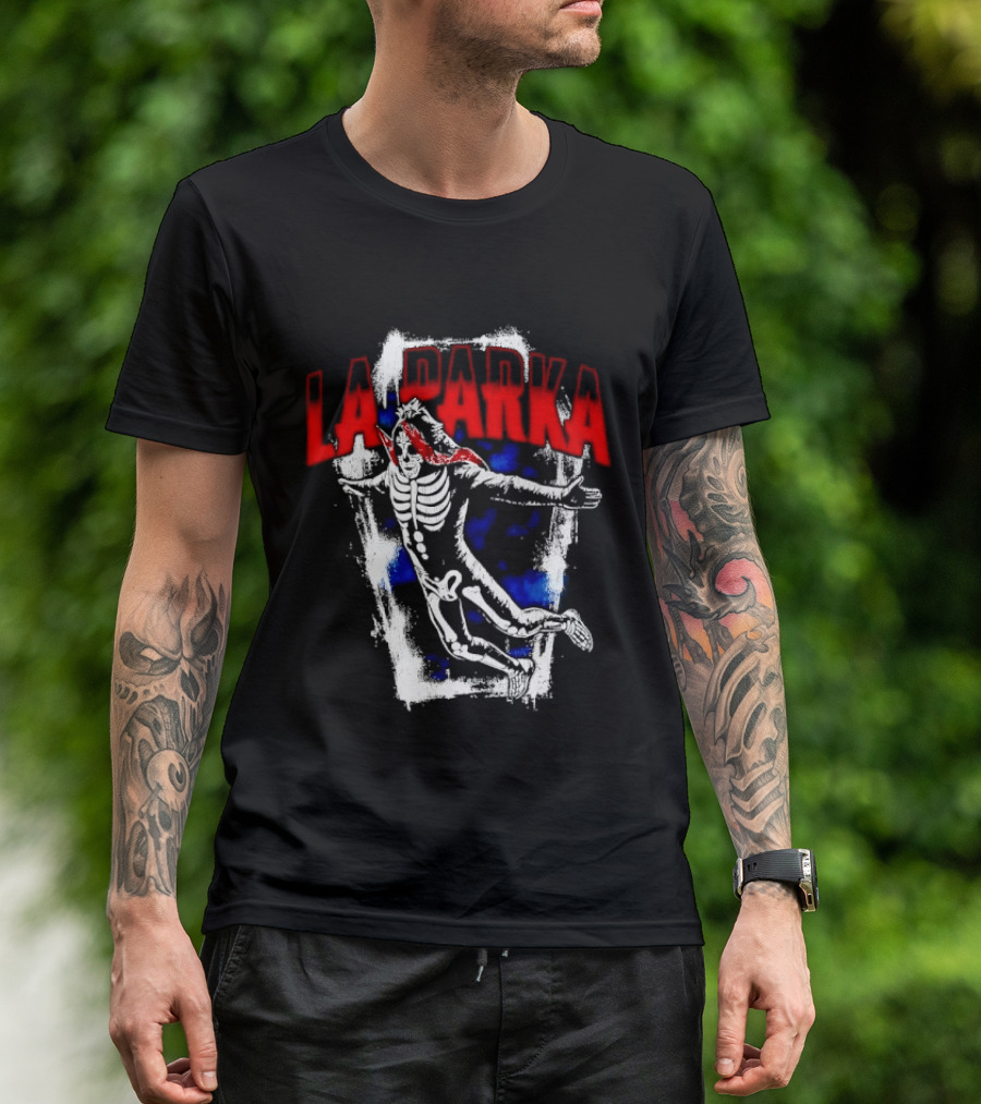 LA Parka Masked Skeleton Wrestler Jumping Distressed Frame T-Shirt