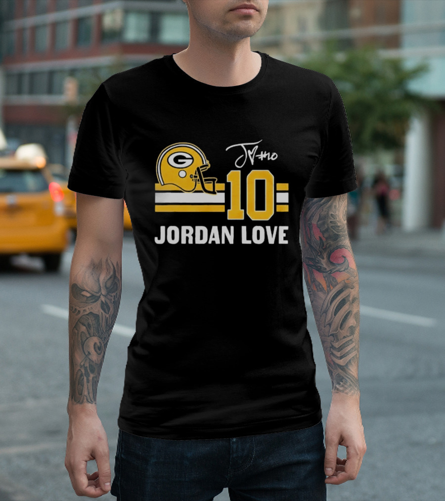Green Bay Packers Jordan Love 10 Helmet Stripes JM Signature Distressed T-Shirt
