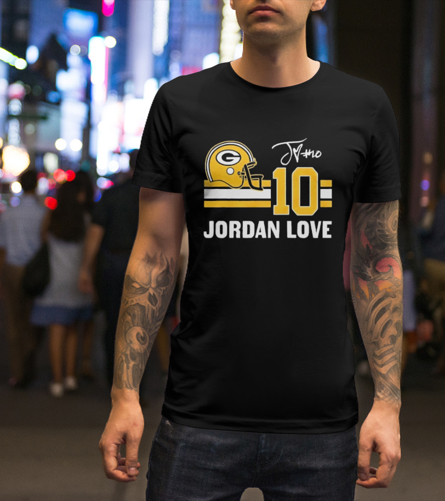 Green Bay Packers Jordan Love 10 Helmet Stripes JM Signature Distressed T-Shirt