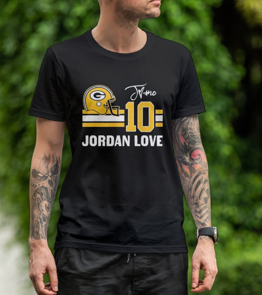 Green Bay Packers Jordan Love 10 Helmet Stripes JM Signature Distressed T-Shirt