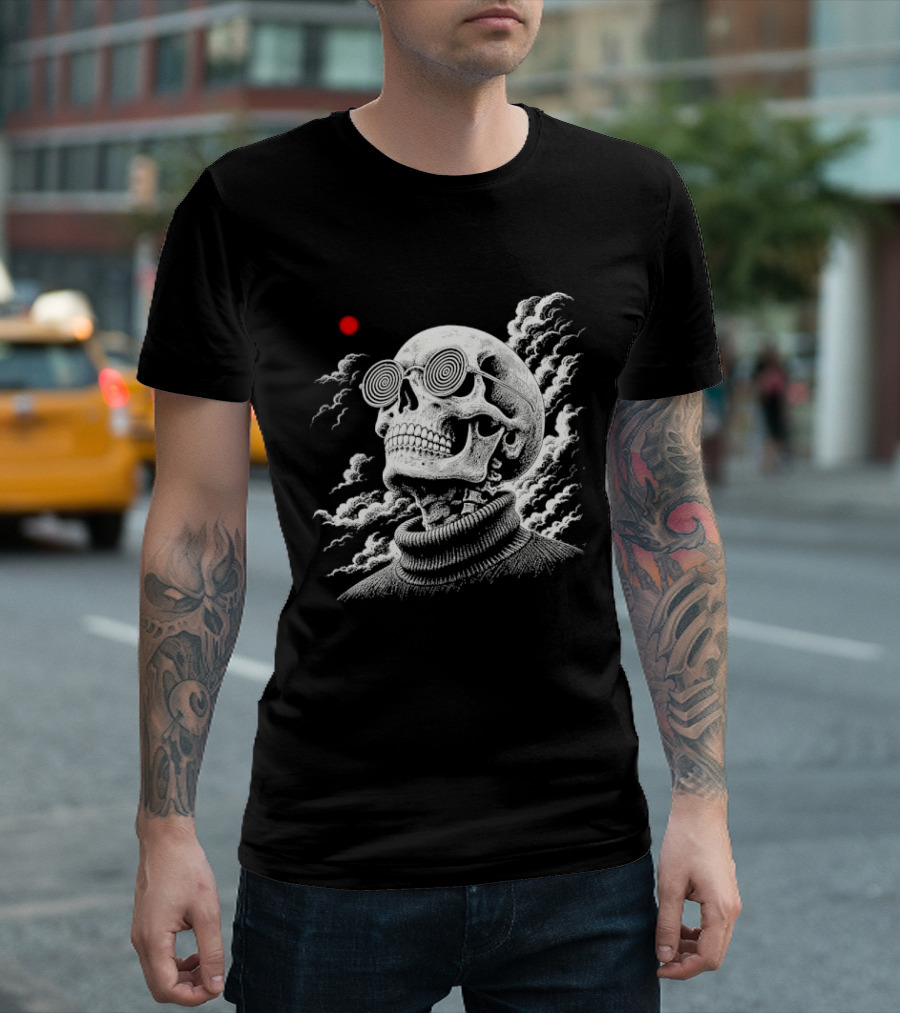 Line Skull Hypnotic Glasses Turtleneck Red Sun Clouds T-Shirt