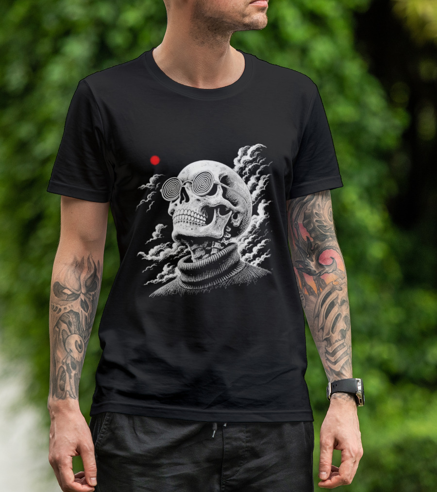 Line Skull Hypnotic Glasses Turtleneck Red Sun Clouds T-Shirt