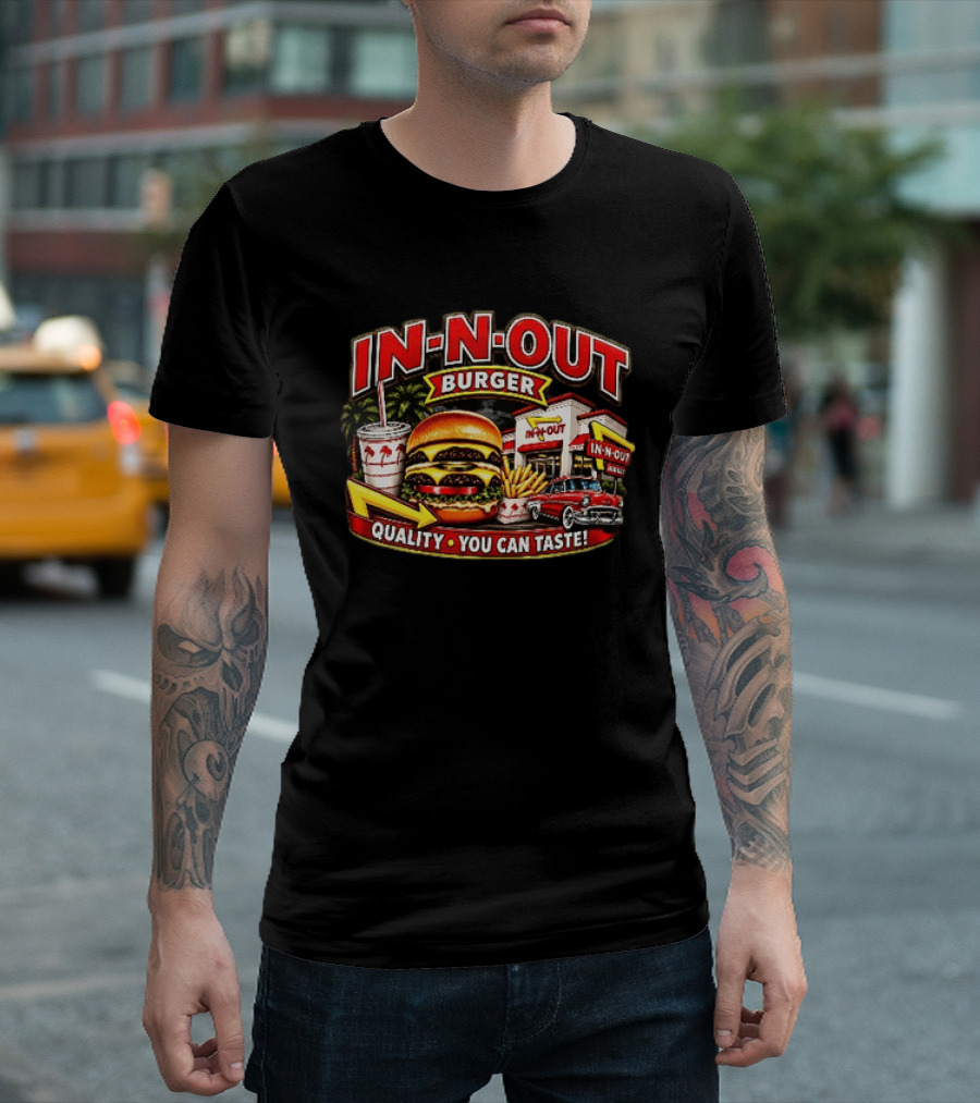 In N Out Burger Quality You Can Taste Palm Trees Classic Car Hamburger Fries Retro Restaurant Scene T-Shirt