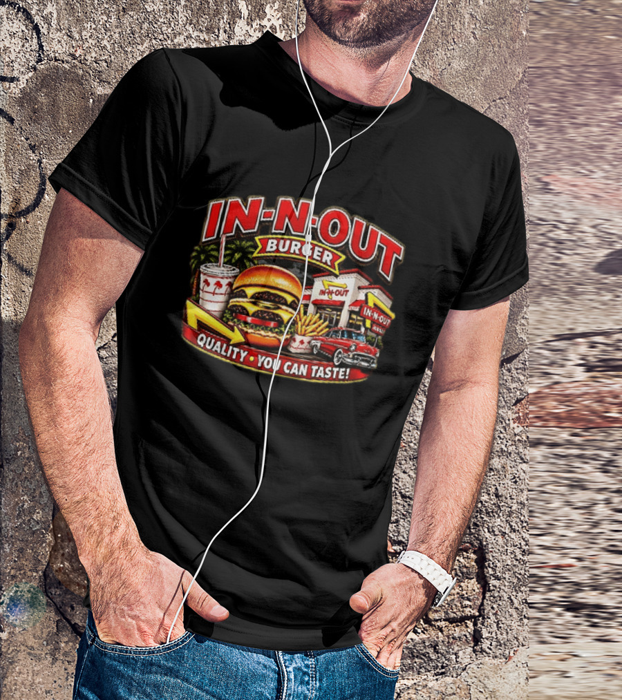In N Out Burger Quality You Can Taste Palm Trees Classic Car Hamburger Fries Retro Restaurant Scene T-Shirt