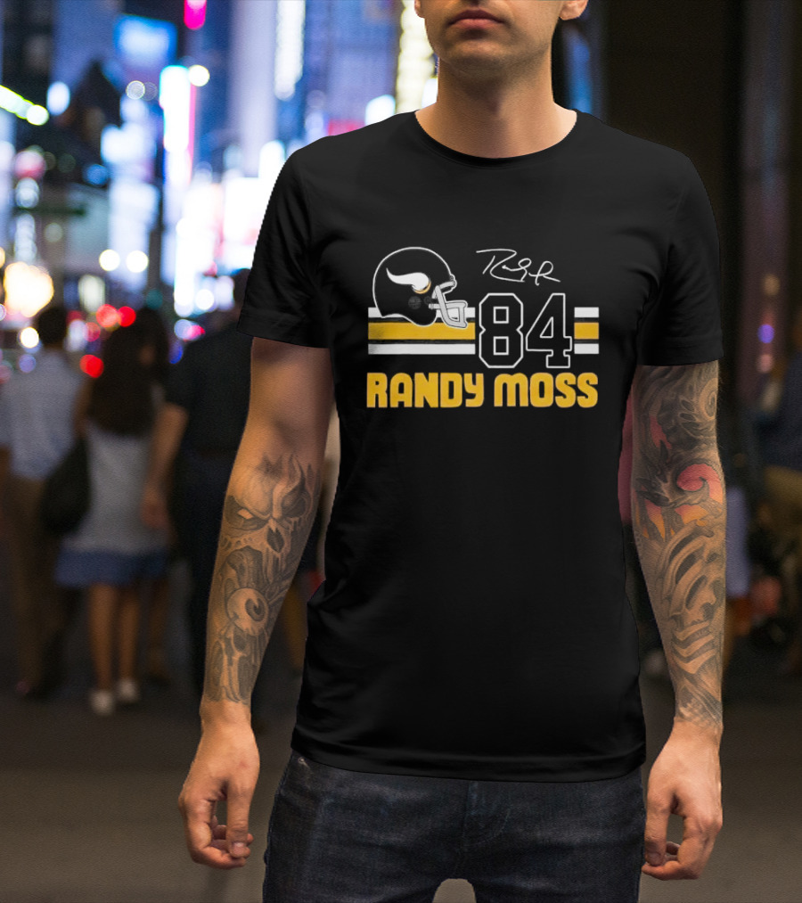 Randy Moss Minnesota Vikings 84 Helmet Stripes Autograph T-Shirt