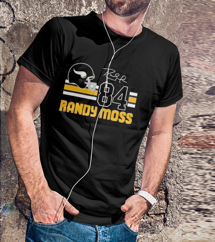 Randy Moss Minnesota Vikings 84 Helmet Stripes Autograph T-Shirt