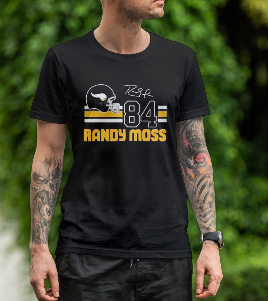 Randy Moss Minnesota Vikings 84 Helmet Stripes Autograph T-Shirt