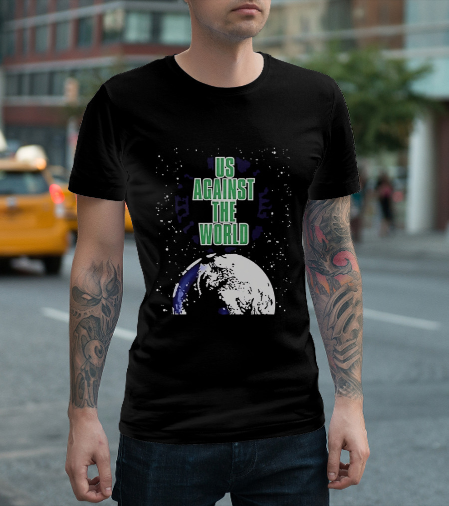 Boston Celtics Us Against The World Green Text Earth Motif T-Shirt