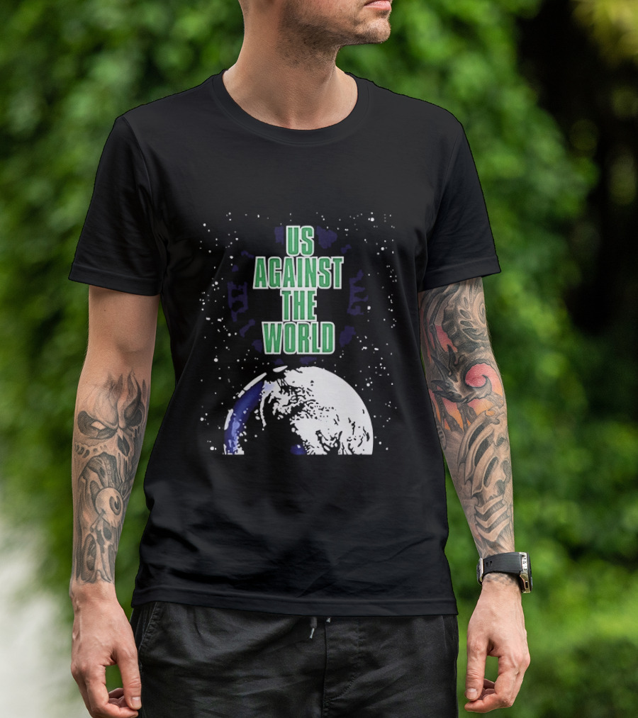 Boston Celtics Us Against The World Green Text Earth Motif T-Shirt