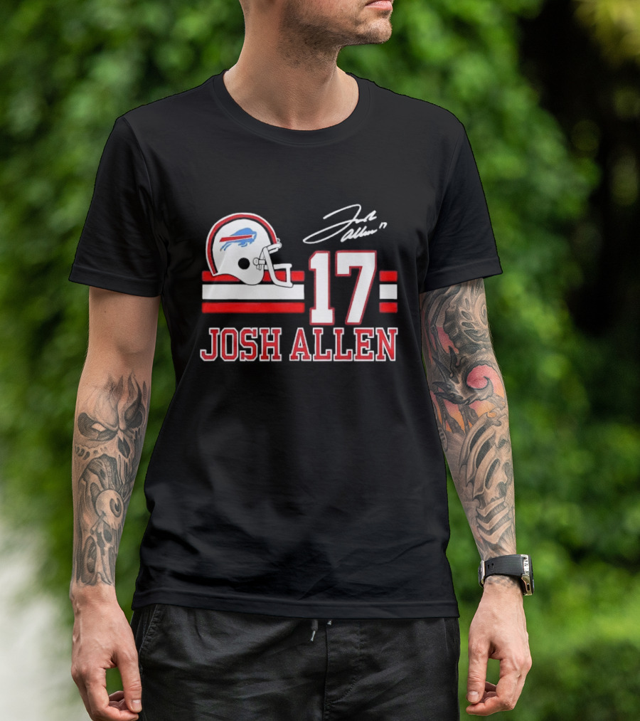 Josh Allen 17 Buffalo Bills Helmet Red Stripes Distressed T-Shirt