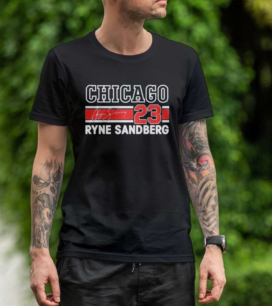 Chicago Cubs Ryne Sandberg 23 Red White Horizontal Stripes Distressed T-Shirt