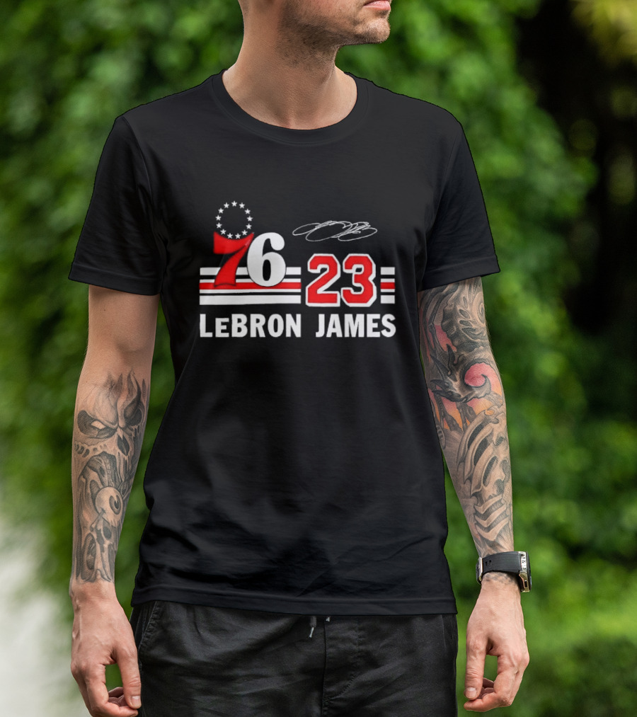 Philadelphia 76 23 Lebron James Red White Stripes Distressed T-Shirt