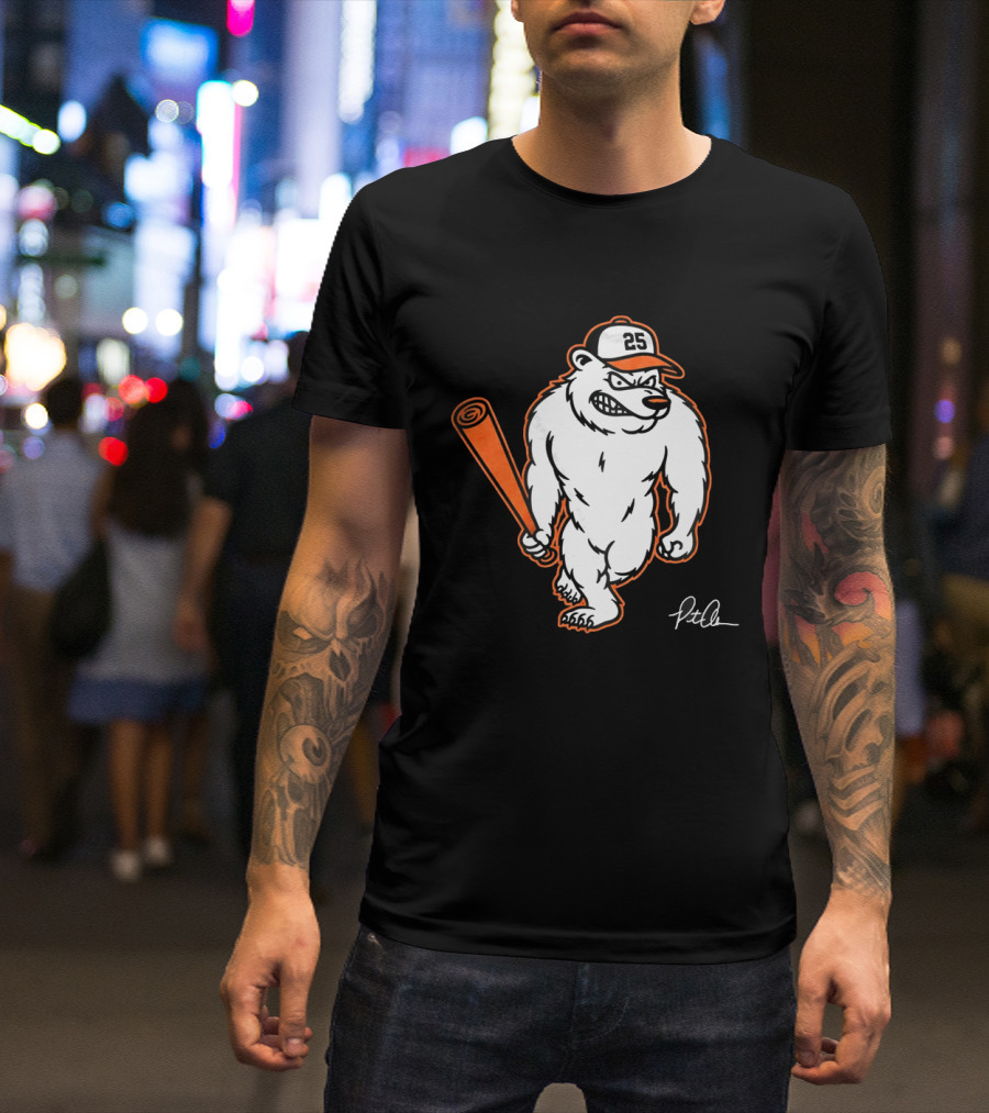 Polar Bear Pete Baseball Bear With Orange Bat And Cap Number 25 Art By Pete Alonso T-Shirt