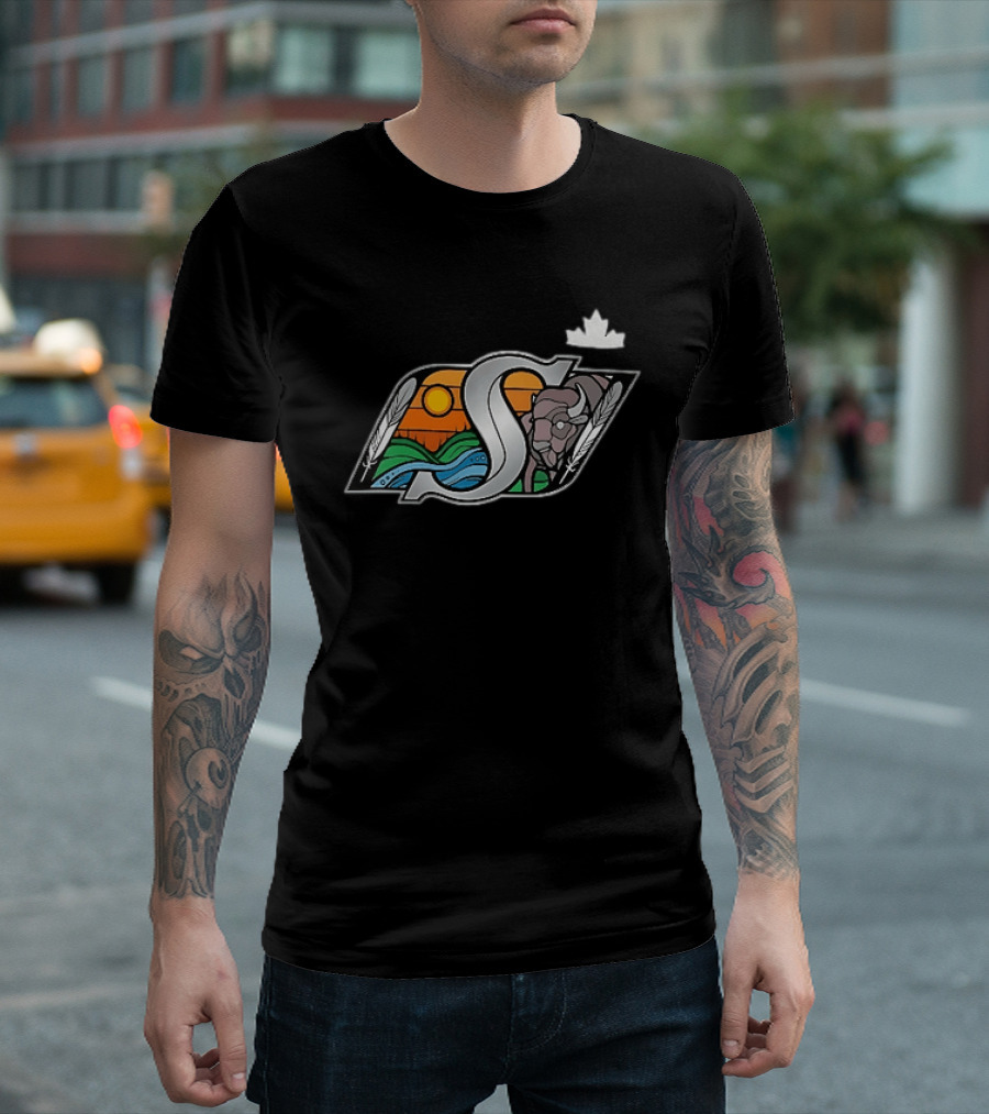 Saskatchewan Roughriders 2025 Indigenous Heritage Special Buffalo Sunrise Feather River T-Shirt
