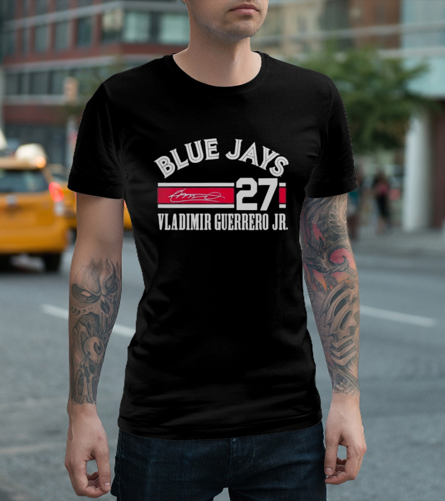 Blue Jays Vladimir Guerrero Jr 27 Red Stripe Signature Distressed T-Shirt
