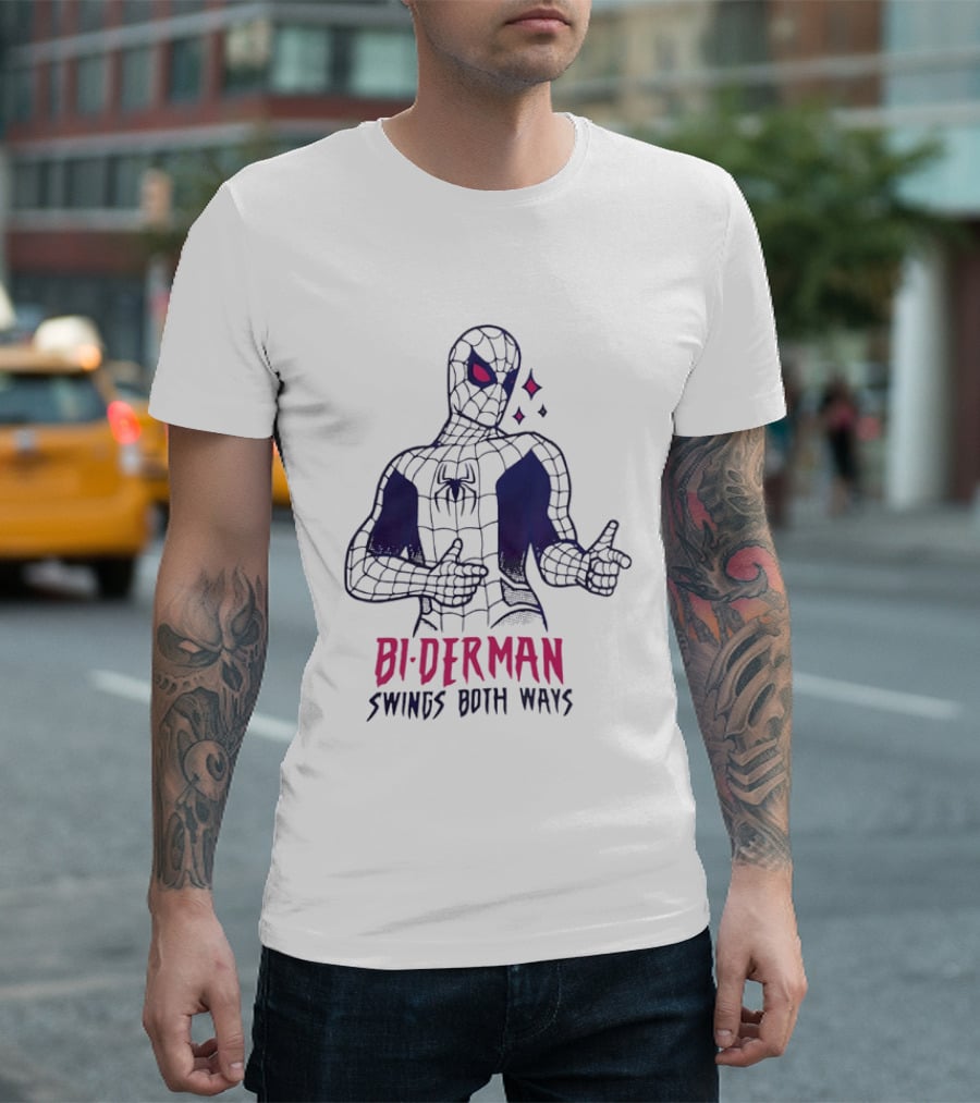 Bi Derman Swings Both Ways Spider Man LGBTQ Superhero T-Shirt