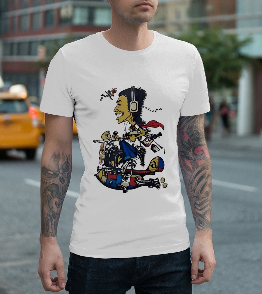Cartoon Caricature Man With Headphones Riding Flying Rocket Airplane T-Shirt