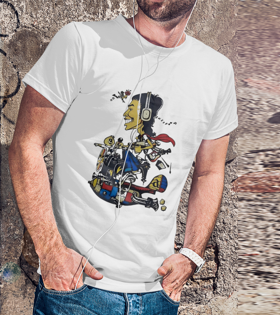 Cartoon Caricature Man With Headphones Riding Flying Rocket Airplane T-Shirt