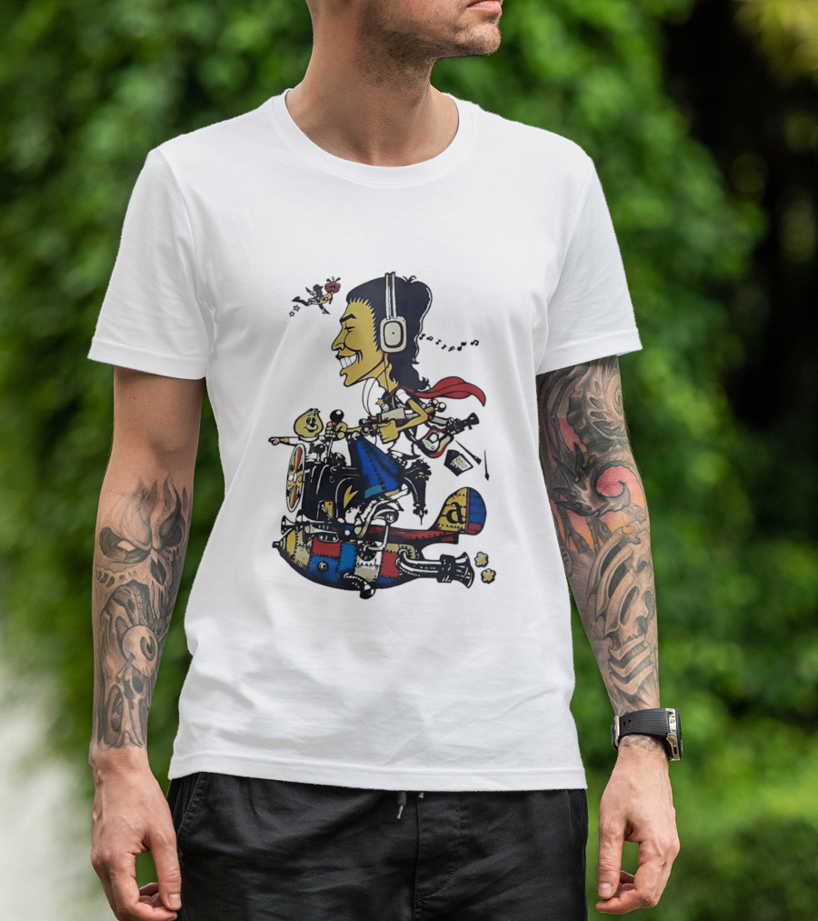 Cartoon Caricature Man With Headphones Riding Flying Rocket Airplane T-Shirt