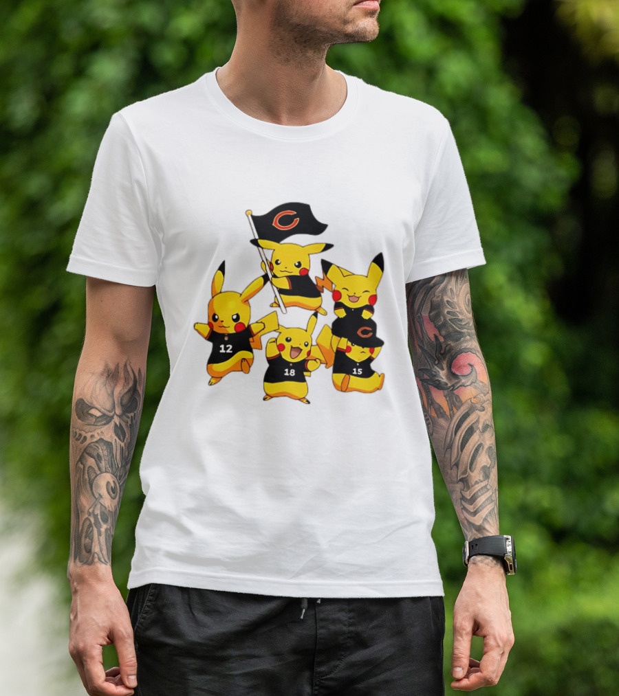 Chicago Bears Pikachu Fan Squad With Flag And Jerseys T-Shirt