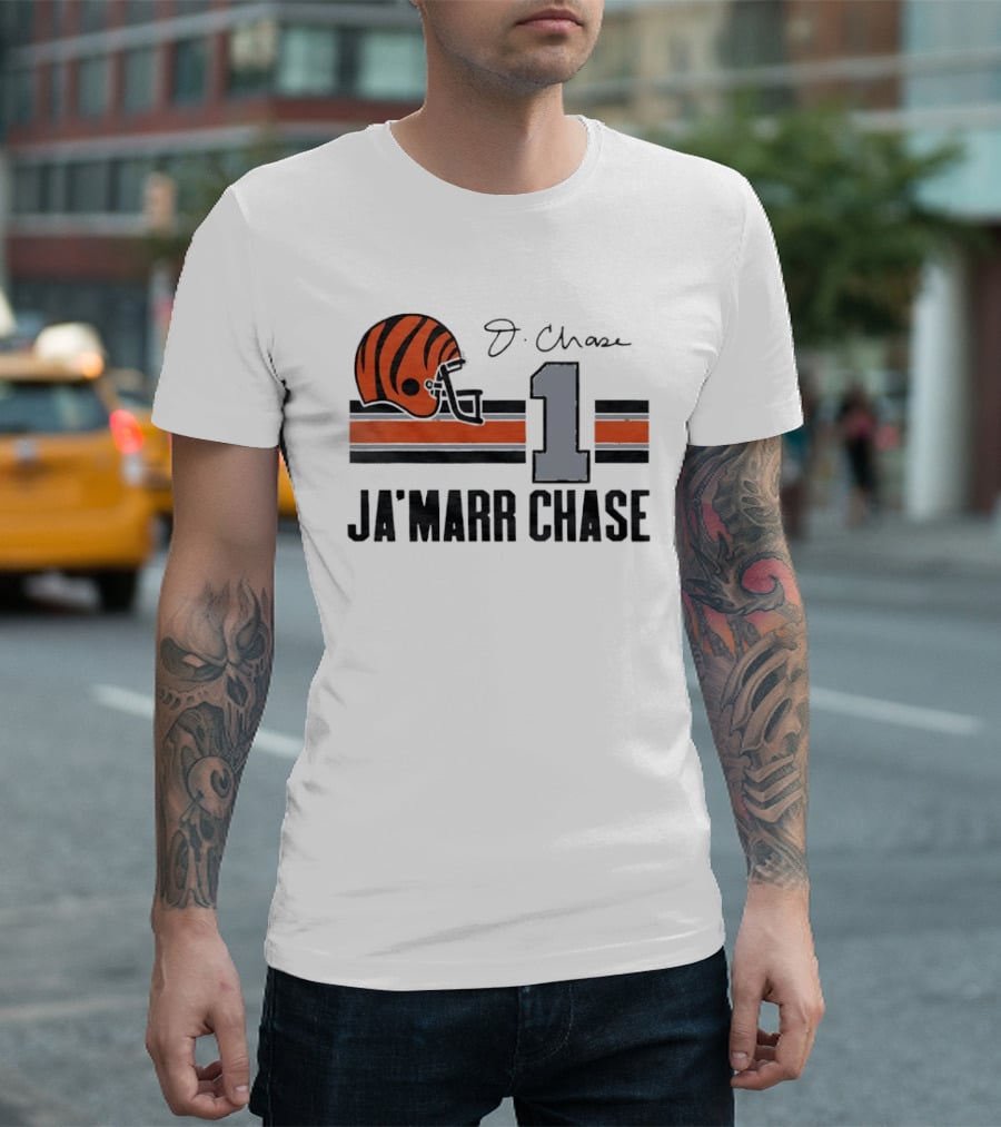 Cincinnati Bengals Ja'Marr Chase Helmet 1 J Signature Stripes Wood Texture T-Shirt