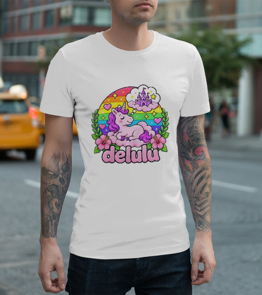 Delulu Unicorn Rainbow Castle Dreams With Colorful Heart Accents T-Shirt
